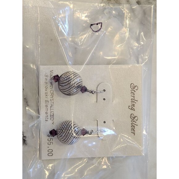 Sterling Silver Dangle Earrings W/ Swarovski Elements Purple Beads Textured Ball - Picture 2 of 5